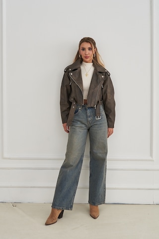 Rabia Çelik Kadın Wide Leg Yüksek Bel Baggy Kot Pantolon Füme Füme
