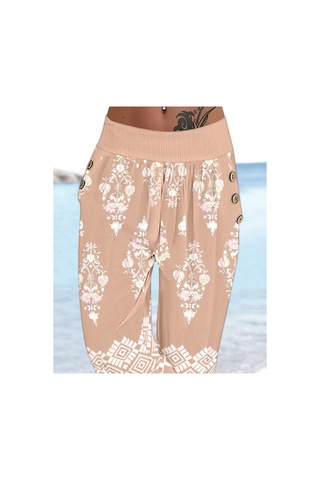 Butik İstanbul Kadın Beli Lastikli Etnik Desenli Kapri Süprem Pantolon Pembe