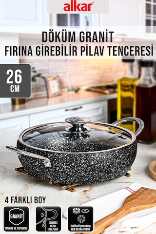 Döküm Granit Fırına Girebilir Yanmaz Yapışmaz Pilav Tenceresi 26 Cm