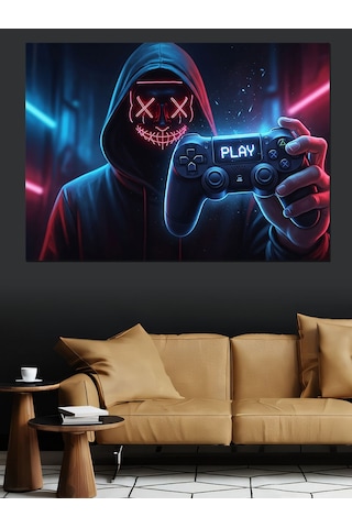 Neon Işıklı Kapşonlu Gamer Figür Dekoratif Kanvas - Mdf Ahşap Tablo