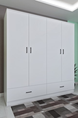 Ases Mobilya Ases Ela127 Modern 4 Kapaklı 2 Çekmeceli Geniş Gardırop Giysi Dolabı Beyaz Beyaz