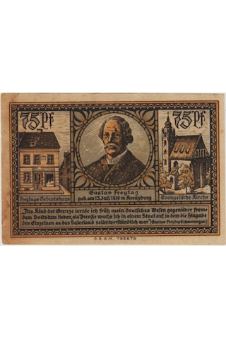 Almanya 75 Pfennig 1921 Notgeld-kreuzburg-yukarı Silezya. Çil -
