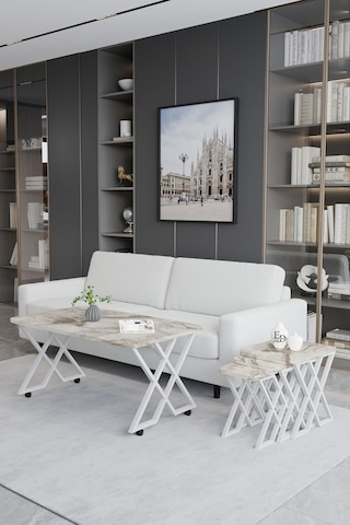 Milano 3'lü Zigon Sehpa Beyaz Metal - Beyaz Mermer Tabla