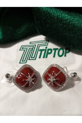 Tiptop/ Fransız Mikro Zirkon Krom Kare Kırmızı İnci Küpe Gümüş - Kırmızı