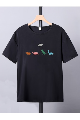 Uyguntarz Çocuk Dinazor Baskılı Pamuklu Tshirt Siyah