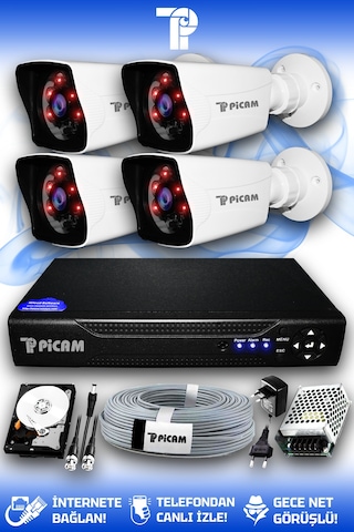 Picam 4 Kameralı Kare 4 Dış Kamera Set 250 GB HDD Full HD Gece Görüşlü Güvenlik Kamerası Sistemi