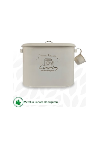 Bölmeli Metal Kapaklı Ölçekli Deterjanlık, Toz Deterjanlık Saklama, Banyo Düzenleyici, Laundry Baskılı Ln1258 - Krem Bej