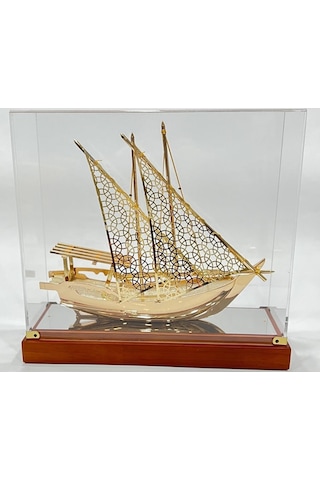 Pirinç Yelkenli Gemi Altın Kaplama Katar Dhow Teknesi Kutulu 29cm No.1