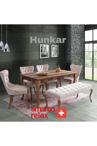 Smarto Relax Hünkar 2'li Yemek Masası Sandalye Seti - Ahşap Ayaklı, Krem Kumaş Ekru Ve Kahverengi