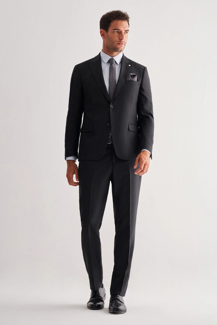 İmza Siyah Kırlangıç Yaka Tam Astar 6 Drop Slim Fit Esnek Takım Elbise 1001255156 Siyah