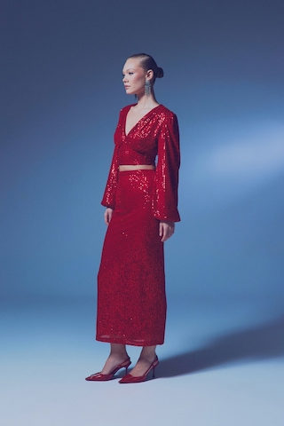 Sateen Fermuarlı Karolin Midi Etek - Kırmızı-135353 Kırmızı
