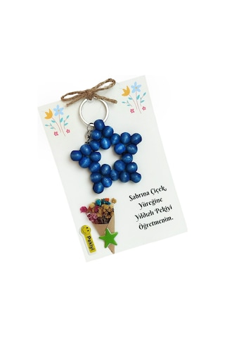 Öğretmenler Günü Hediyesi Kart Üzerinde Mavi Ahşap Boncuk Anahtarlık Erkek Öğretmene Hediye