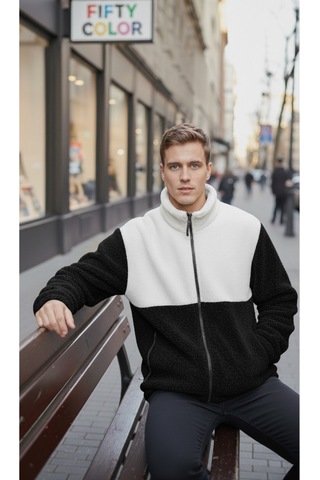 Premium Kalite Renk Bloklu, Fermuarlı, Dik Yaka, Sherpa, Polar, Peluş Ceket Siyah - Beyaz