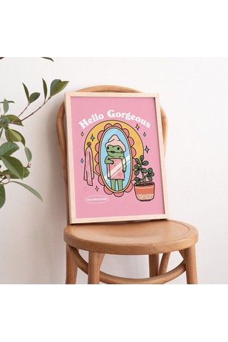 Kız Kurbağası Öz Sevgi Duvar Baskısı, Pozitiflik Merhaba Güzellik Sözü, Pembe Retro Posterler