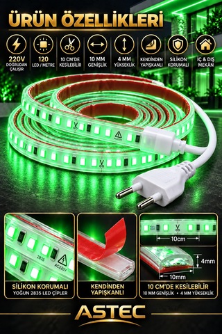 Astec Yapışkanlı 3 Metre Yeşil 220v Silikonlu Şerit Led Yüksek Güç Tak Çalıştır İç Dış Mekân Su Geçirmez