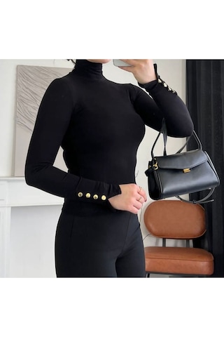 Balıkçı Yaka Kolu Gold Çıtçıt Detaylı Body Siyah