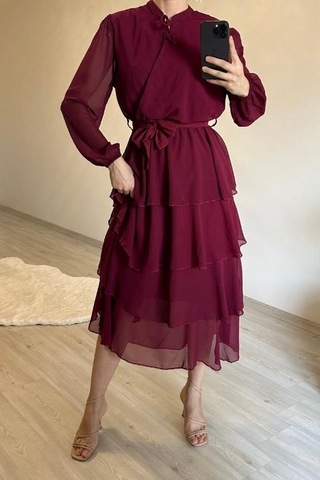 Neşeli Butik Kadın Kat Kat Volanlı Kuşaklı Midi Şifon Elbise Nm004 Bordo