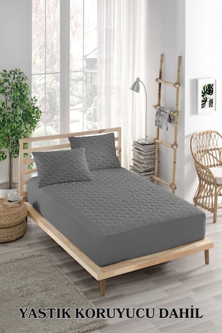 Alez Takımı %100 Pamuklu Sessiz 3 Parça Kapitoneli Yastık Alezli Gri Tek Kişilik