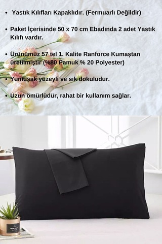Siyah Renkli Pamuklu Ranforce Kumaştan Yastık Kılıfı 2 Adet