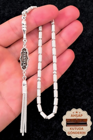 İsimli Gümüş Tesbih Kapsül Kesim Kişiye Özel İsim Yazılı Gümüş Tesbih 925 Ayar St385 Gümüş - Siyah