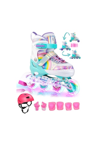 Unicorn Işıklı Paten Kask Koruma Seti 2+2 Gökkuşağı Kız Çocuk Pateni Silikon Teker,taşıma Çantalı 3