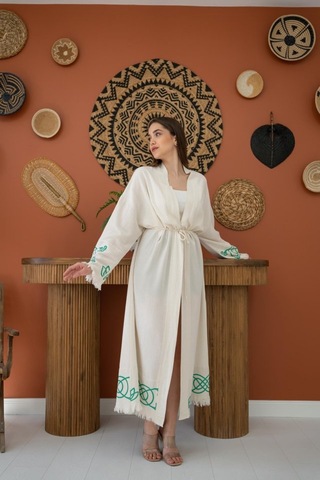 Yeşil Baskı Detay Keten Hırka Çok Renkli