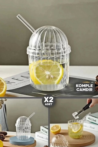 2'li Kübbe Kapaklı Pipetli Bardak 430ml Isıya Dayanıklı Eggglass İskandinav Kahve Sunum Bardağı