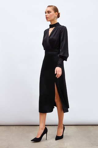 Sateen Yırtmaçlı Saten Etek - Siyah-133207 Siyah