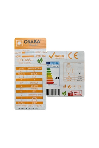 8 Adet Osaka 60w 350w Beyaz Işık E27 Duylu Kalın Duy Led Torch Ampul
