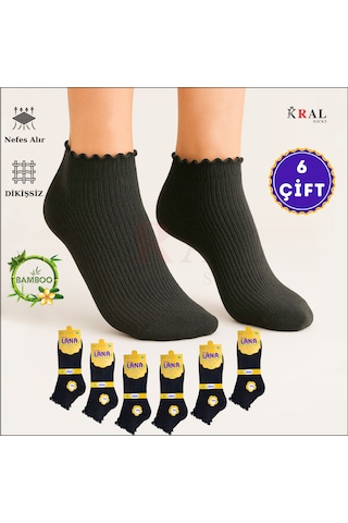 Kral Socks Kadın Bambu Çorap 6 Çift Fırfırlı Patik Kadın Çorap Siyah