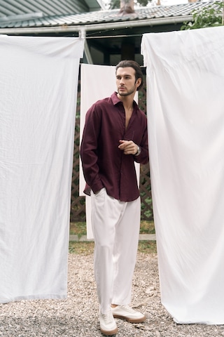 Mai Collection Mai Studios Co. Ombretta Bordo Keten Oversize Erkek Gömlek Bordo