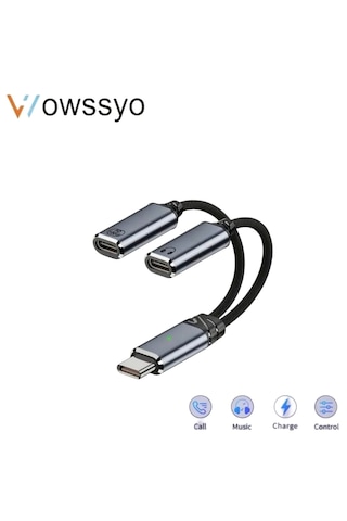 Wowssyo 2'si 1 Arada Type-c To Type-c+100w Şarj Ve Kulaklık Çevirici Adaptör Hi-fi Ses Teknolojisi Ce Lisanslı Sertifikalı Örgülü Sağlam Beyaz - Siyah