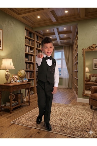 Baby Kids Colors Erkek Çocuk Smokin Takım Elbise 6 Düğmeli Yelekli Papyonlu Zincirli 4'lü Takım Siyah