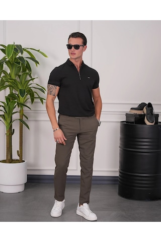 Modefendi Pamuk Likra Slim Fit Kalıp Bebe Yaka Fermuarlı Tshirt Siyah