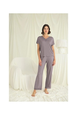 Litae Herşeytrend Kısa Kollu V Yakalı Dantelli Pijama Takımı Gri