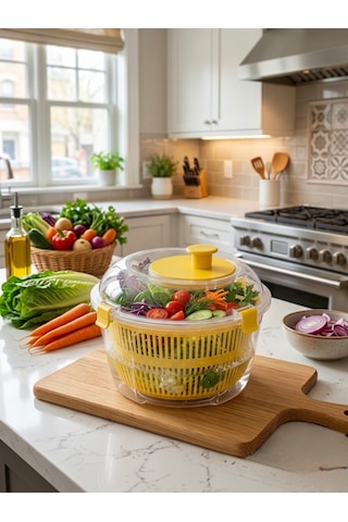 House & More 4.4 Litre Büyük Boy Sebze Meyve Kurutucu Süzgeçli Salata Dönencesi 3 Renk Sarı