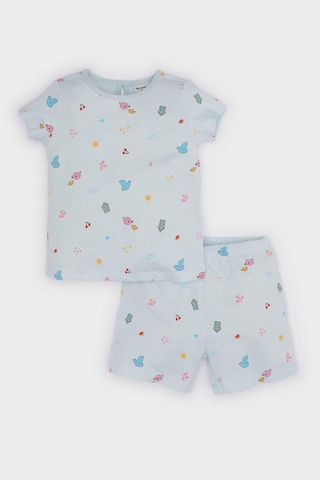 DeFacto Kız Bebek Pijama Takımı Desenli Kısa Kollu Penye Üst Beli Lastikli Şort E9603A525SMBE61 Mavi