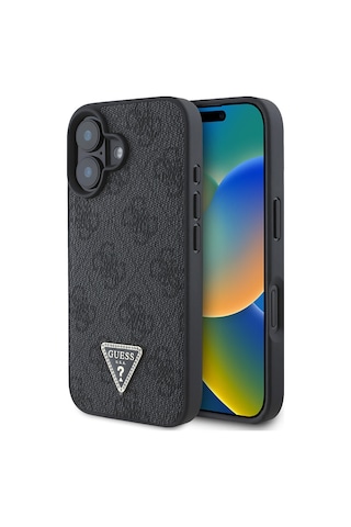 Apple Uyumlu iPhone 16 Kılıf Guess Lisanslı Pu Deri Taşlı Üçgen Logo 4g Desenli Strass Kapak Siyah