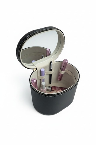 Makyaj Düzenleyici Aynalı Makyaj Çantası Siyah Bölmeli Taşınabilir Kozmetik Organizer 19x15x16 Cm