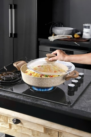 Diez 32 Cm Granit Basık Tencere Cappucıno Yapışmaz Karnıyarık & Pilav Tenceresi Cam Kapaklı