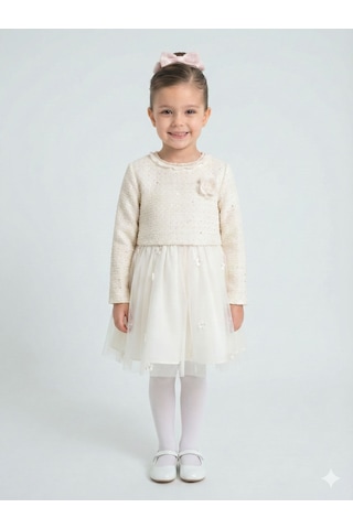Xo Kids Çiçek Broşlu Krem Renk Prenses Model Kız Çocuk Ceketli Elbise 4-10 Yaş 4422 Ekru