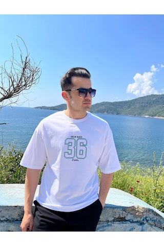 Erkek Bisiklet Yaka Oversize Baskılı T-shirt Beyaz