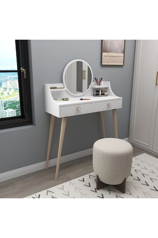 Arnetti Roys Aynalı Makyaj Masası Ahşap Ayaklı Beyaz