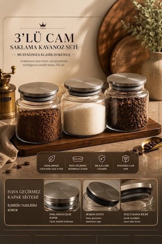 Porsima 4408 Bormio Metal Kapaklı 3lü Cam Kavanoz Seti Vakum Kapaklı Saklama Düzenleme Kabı Seti 650ml