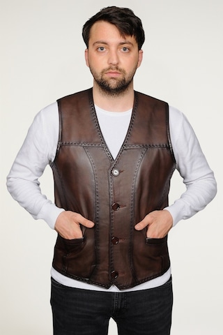 Derije Texas Hakiki Deri Erkek Kahverengi Punto Dikişli Yelek