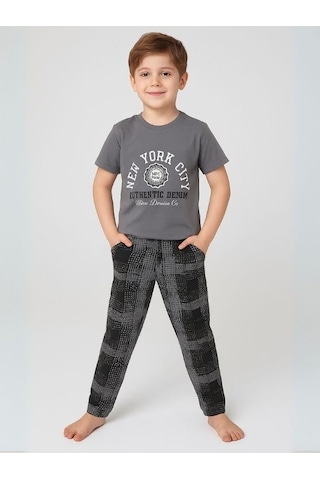 Zekids Erkek Çocuk Pamuklu Kısa Kol Pijama Takımı-16062 Füme