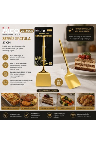 İbico İ22-453 Altın Gold Metal Servis Spatulası - 27 Cm- 12'li Paket