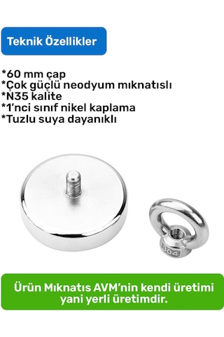 Ø70 Mm Neodyum Deniz Mıknatısı 100 Kg Çekim Gücü 25metre Halat Ve Karabina Dahil Set