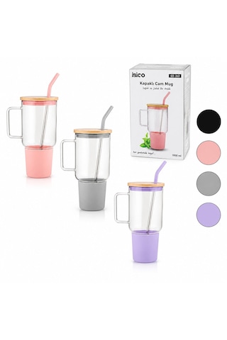Cam 1000ml Matara - Suluk Bambu Kapak - Sızdırmaz Silikonlu Çelik Pipet Koruyucu Silikon Altlık - Kılıf Renkli
