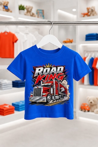 Bayloranzzo Road King Kırmızı Tır %100 Pamuk Premium Kalite Erkek Çocuk Tişörtü Saks Mavi